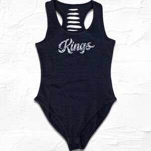Womens Black/Silver Glitter Kings Racer cut-out back bodysuit, GO KINGS